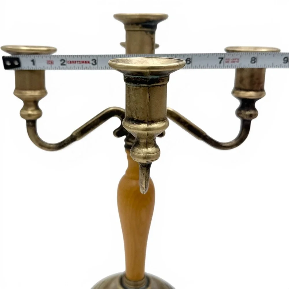 Vintage Italian Brass Wood 5 Arm Candelabra Candle Holder Made in Italy 12